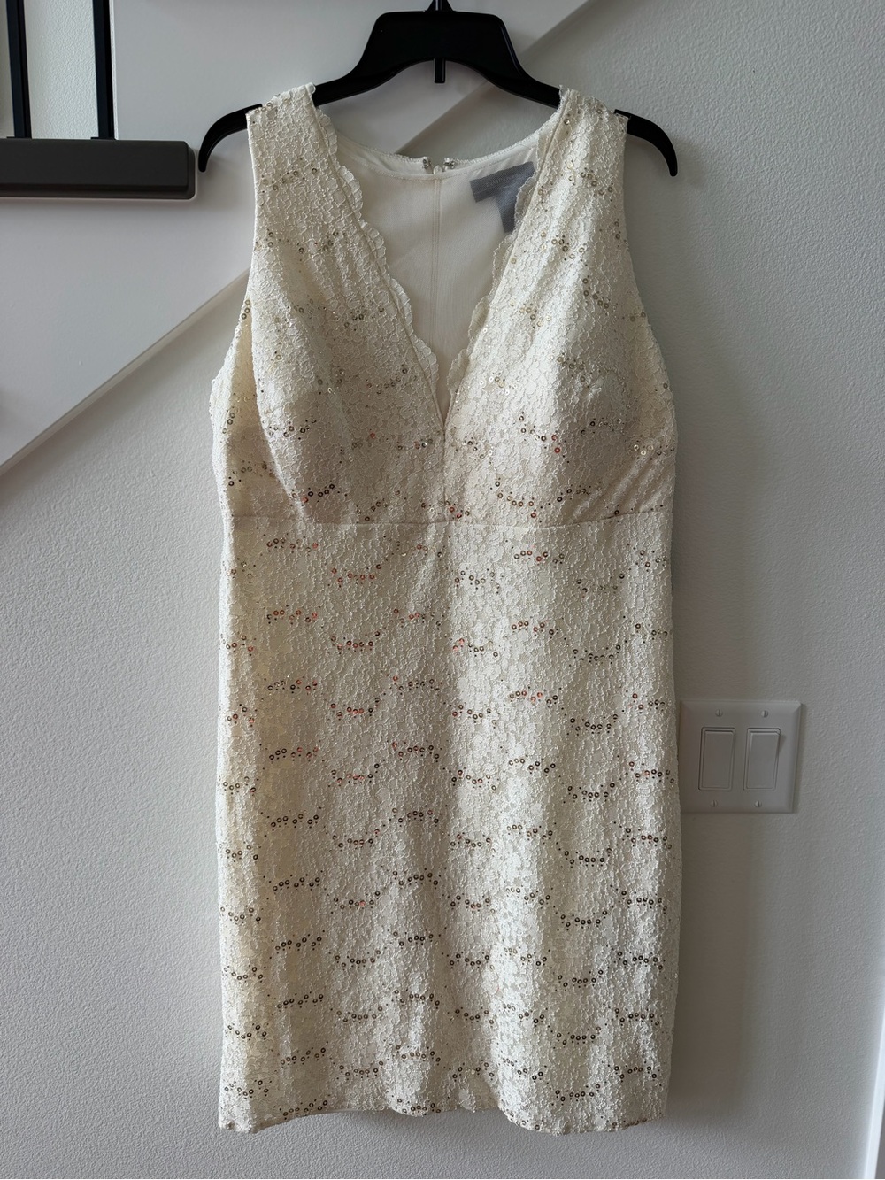 R&M Richards Ivory Sequin Scalloped V-Neck Midi Dress